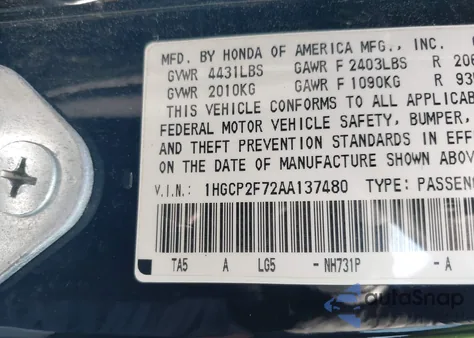 2010 Honda Accord 2.4 Ex from USA, damaged, VIN 1HGCP2F72AA137480